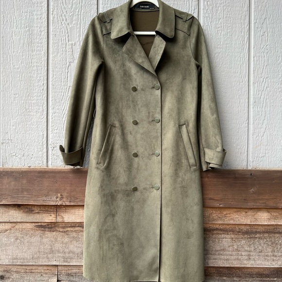 Zara Basic full length faux suede army green button up collared trench coat - Picture 5 of 15